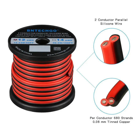 Ultra Flexible 12 Gauge Two Conductor Silicone Wire Spool Red Black For LED Strip Extension Cable 600V 200C Tinned Copper 50Ft