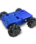 Front view of blue metal robot chassis with four Mecanum wheels for DIY Arduino and Raspberry Pi projects