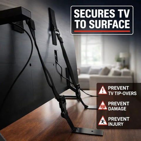 Universal Flat Screen TV Safety Straps Anti Tip Adhesive Nylon Mounts showcased securing TV, preventing tip-overs.