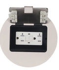 Rock Solid Round Recessed Floor Outlet Kit Featuring Heavy Duty Stainless Steel Case And Dual 20A Three Prong Electrical Sockets close-up with snap cover.