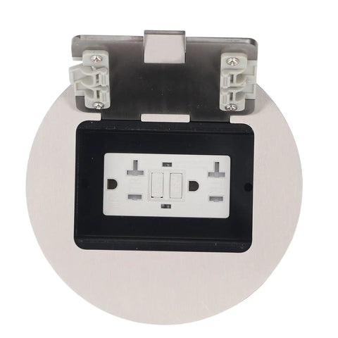 Damn Fine Pop Up Floor Electrical Outlet Kit Crafted From Slick Gasket Sealed Stainless Steel Delivers 20 Amp Power Tamper Resistant Design For Home Or Patio Projects, top view with open lid.