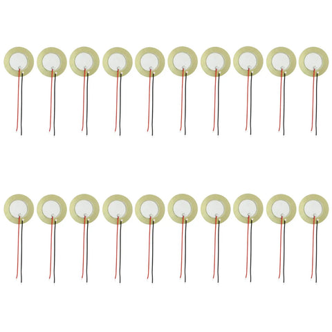Twenty Piezo Discs Transducers 27mm With 3.94 Inch Leads And 100mm Cables for microphone trigger and DIY projects.