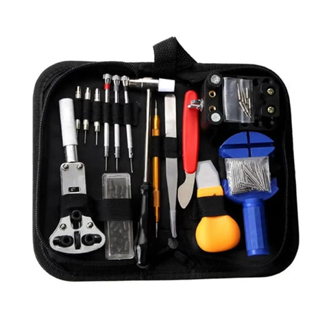 Open black case displaying 147 Piece Watch And Clock Repair Tool Kit With Link Pin Dissolver And Strap Opener Housing Back Opener.