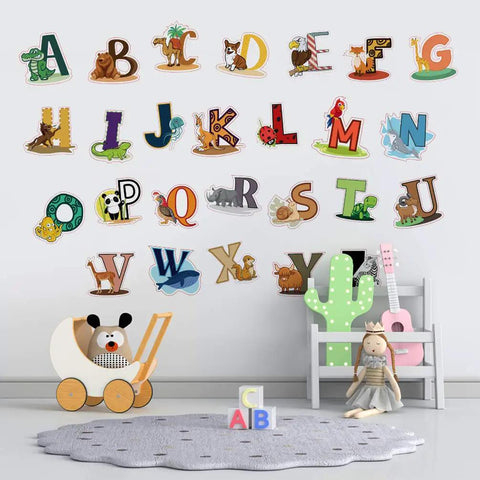 Colorful Alphabet Wall Decals For Kids Peel And Stick ABC Stickers For Kindergarten Playroom Nursery Preschool Tots Precut Educational Wall Art For Baby Rooms displayed on playroom wall.