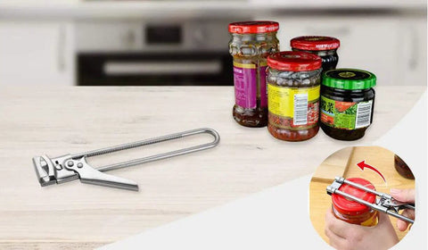 All In One Adjustable Jar And Can Opener No Fuss Stainless Steel Manual Kitchen Gadget with jars on a kitchen counter