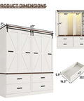 Dimensions of 4 Door Armoire Wardrobe With Sliding Barn Doors LED Lighting Drawers And Hanging Rod Freestanding Wooden Closet