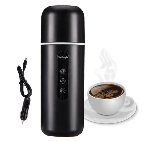 On The Go Electric Travel Mug With Fast Heating Element And Built In Magnetic Stirrer To Keep Your Daily Espresso Or Smooth Matcha Straight Up Hot All Day, black stainless steel, cord included.
