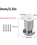 Adjustable Stainless Steel Furniture Legs Set Of 4 Built To Last Table Legs for cabinets, sofas, coffee tables, TV stands shown with screws.