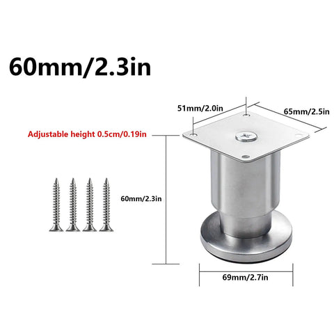 Adjustable Stainless Steel Furniture Legs Set Of 4 Built To Last Table Legs for cabinets, sofas, coffee tables, TV stands shown with screws.