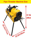 Rock Solid Electric Pipe Threader Machine For Cutting Threading And Trimming Half To Three Inch Conduit With Smooth Auto Oiling System and Bspt Npt Dies For No Sweat Setup and Fast Work On Any Job Site Daily size dimensions displayed.