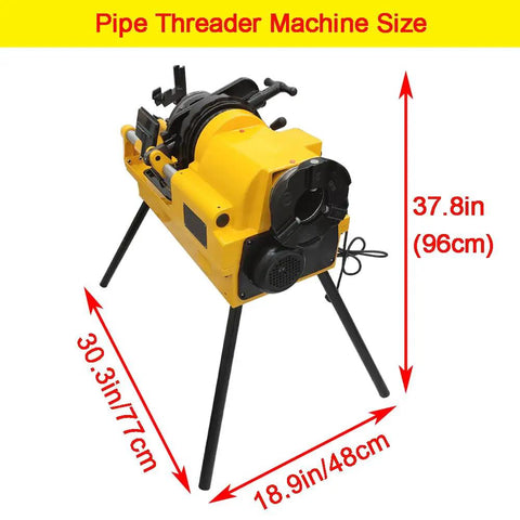 Rock Solid Electric Pipe Threader Machine For Cutting Threading And Trimming Half To Three Inch Conduit With Smooth Auto Oiling System and Bspt Npt Dies For No Sweat Setup and Fast Work On Any Job Site Daily size dimensions displayed.