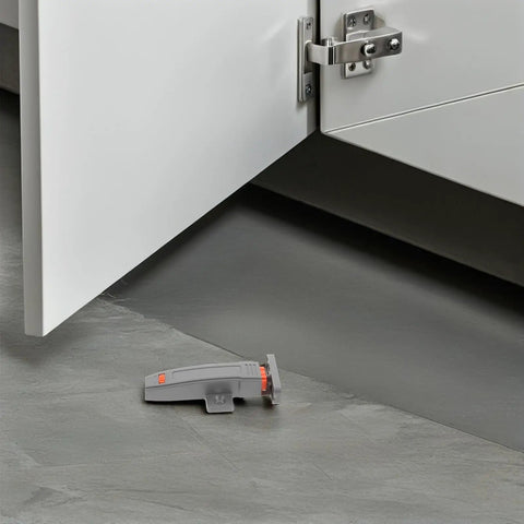 Heavy Duty Push Door Catch Kit For Cabinets And Pantry, Adjustable self-closing latch on gray tile floor, door open