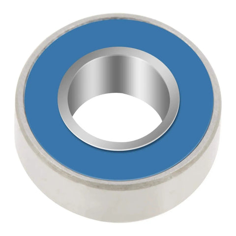 Beefy Miniature Deep Groove Ball Bearings Set Of 25 Flanged Steel Bearings With Double Rubber Seals Blue Side For Roller Skates 5 By 11 By 4 Mm Durable Precision Bearings For Tiny Machinery And DIY Projects close-up flanged steel bearing with blue seal