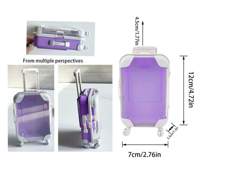 Lijinhe mini suitcase favor boxes with wheels; purple translucent plastic with white trim, 4-pack.