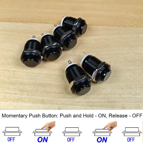 6 Pack 12mm Momentary Push Button Switches Raised Head Cable Aluminum Alloy 1NO Waterproof IP65 12V 24V 36V 110V 250V No LED Black Shell for DIY Projects, Arcade Cabinets and Electronics six switches