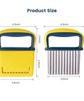 Crinkle cutter knife for potatoes and vegetables; front view shows yellow plastic body with blue handle.
Crinkle cutter knife for potatoes and vegetables; side view shows stainless steel crinkle blade with yellow and blue handle.