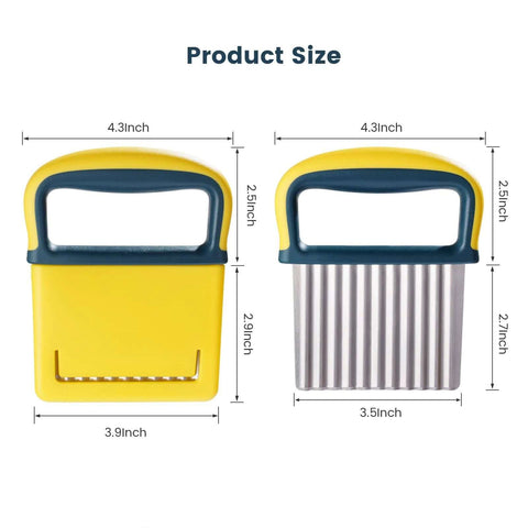 Crinkle cutter knife for potatoes and vegetables; front view shows yellow plastic body with blue handle.
Crinkle cutter knife for potatoes and vegetables; side view shows stainless steel crinkle blade with yellow and blue handle.