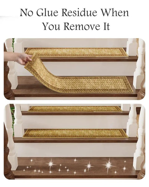 Non Slip Stair Treads For Wood Steps Indoor 15 Piece PVC Backed Yellow Stair Carpet Mats removal showing no residue