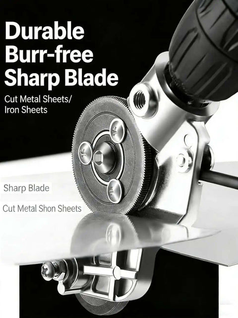 Drill Nibbler Sheet Metal Cutter Attachment For Electric Drills Plate Cutter, close-up of blade cutting metal sheet, sharp and precise.