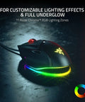 Customizable Ergonomic Gaming Mouse With Thumb Rest And RGB Lighting, 26K DPI Optical Sensor, 11 Programmable Buttons, HyperScroll Tilt Wheel, Pro Grade Fast Switches, Classic Black For PC Gamers on a dark surface showcasing RGB lighting effects.