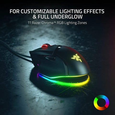 Customizable Ergonomic Gaming Mouse With Thumb Rest And RGB Lighting, 26K DPI Optical Sensor, 11 Programmable Buttons, HyperScroll Tilt Wheel, Pro Grade Fast Switches, Classic Black For PC Gamers on a dark surface showcasing RGB lighting effects.