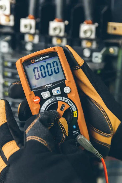 Electrician using ResPro TRMS BT Bluetooth Multimeter With App Connectivity IP67 Waterproof Housing True RMS Accuracy LED Flashlight 13090T