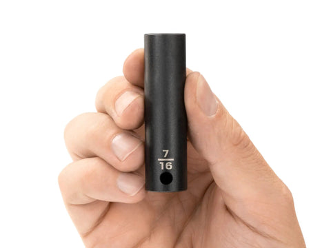 Deep 12 Point Impact Socket, 3/8 Inch Drive, 7/16 Inch, held to show high visibility laser markings.