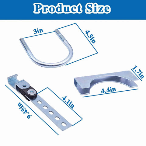 Get These Super Heavy Duty 3 Inch Swivel Exhaust Hangers With Reinforced Saddle U-Bolt Clamps To Securely Mount Your Muffler On Any Universal Tailpipe Setup Without Messy Mods. product size diagram with 3in U-bolt, 4.5in strap, 4.4in saddle