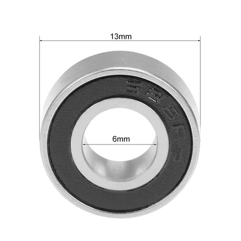 Front view of 686-2RS Deep Groove Ball Bearing 6x13x5mm, double sealed, chrome steel, showing measurements and smooth surface.