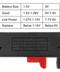 2 Pack Universal Battery Tester Checker For AAA AA C D 9V And 1.5V Button Cells, Easy Read LCD Digital Battery Tester For Household Use, Works With Standard And Rechargeable Batteries, No Batteries Required, black plastic tester with voltage chart