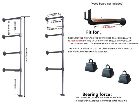 Wall Mount Iron Pipe Shelves Set 4 Tier Go-To Open Storage Brackets Hardware Only For Office Kitchen Living Room Vintage Retro Style 56 Inch Tall 12 Inch Depth Includes Flanges Tees Elbows product diagram with shelf dimensions.