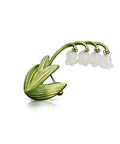 Delicate Lily Of The Valley Brooch For Women Featuring Tiny Bell Shaped Petals Lightweight Floral Pin with green leaves and white enamel flowers.