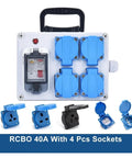 Front view of white wall-mounted outdoor power box with four blue IP54 weatherproof sockets and switch