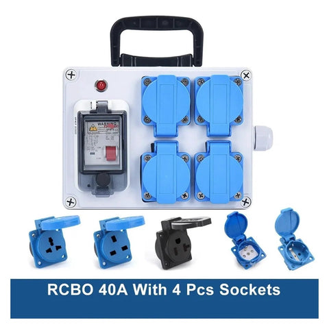 Front view of white wall-mounted outdoor power box with four blue IP54 weatherproof sockets and switch