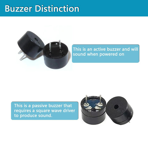 Image showing active and passive buzzers from All In One Upgraded Electronics Component Kit With Power Supply 9V 1A Breadboard 830 Point Jumper Wires LED Capacitors Diodes Resistors Transistors Sensors And Raspberry Pi STM32 Compatibility