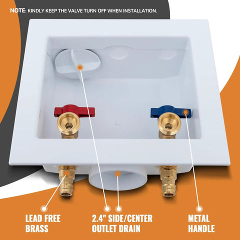 Washer Box With Pex A Expansion Inlet One Half Inch To Three Quarters Inch MHT Outlet Brass Valves Installed And Four Expansion Rings For Easy Hookup To Your Washing Machine And Laundry Piping, front view