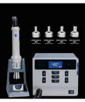 Pro Grade 1000W Hot Air Rework Station with Digital Display for soldering and PCB repair, showing nozzles and dual LED readout.