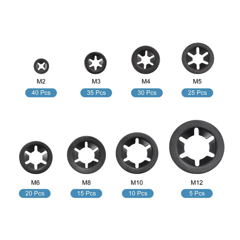 180 Piece Internal Tooth Lock Washer Assortment Kit with eight metric sizes, showing M2 to M12 black oxidized washers.