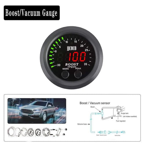 Dope Universal Turbo Boost And Vacuum Gauge Kit With Red LED Display 2 1 16th Inch Gauge Reads 0-35 PSI Boost And -30 To 0 InHg Vacuum Plug-and-Play For Turbocharged And Supercharged Cars. Boost/vacuum gauge kit with sensor, wiring, and installation diagram