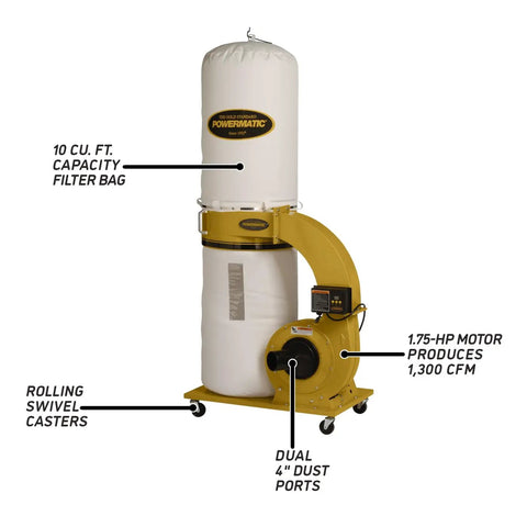 TurboCone Dust Collector With 30 Micron Bag Filter One And Three Quarter HP 115 230 Volt 1 Phase Remote Timer Dual Four Inch Inlets