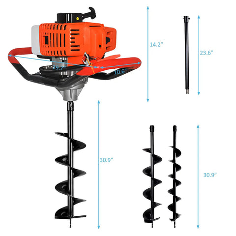 Gas Powered Post Hole Digger Workhorse With 3 Inch 6 Inch And 8 Inch Bits Plus 23 Inch Extension Poles for fence garden farm use