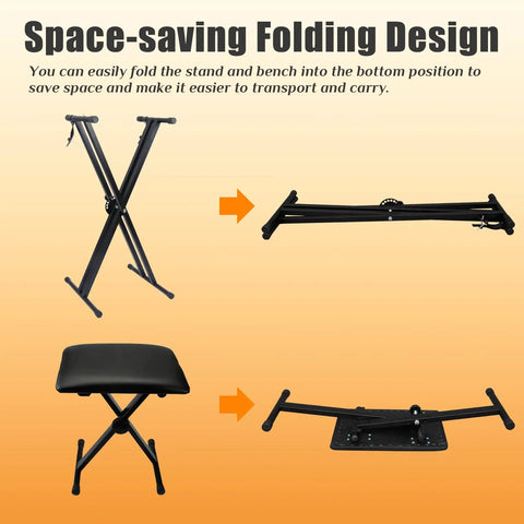 Double X Keyboard Stand And Bench Set For Digital Pianos with folding design, showing unfolded and folded positions.