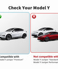 Compatibility chart for Juniper 2026 Model Y License Plate Holder with Model Y Premium only, not Standard or Performance.