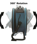 No Nonsense Heavy Duty Axial Air Mover Fan With Variable Speed Control And Three Hour Timer Pulling Maximum Cubic Feet Per Minute Through Wet Basement Spaces Blue showing 360° rotation feature.