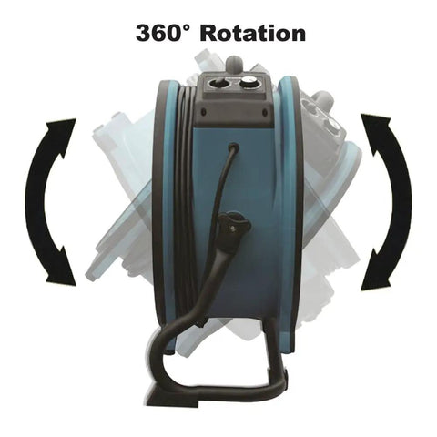 No Nonsense Heavy Duty Axial Air Mover Fan With Variable Speed Control And Three Hour Timer Pulling Maximum Cubic Feet Per Minute Through Wet Basement Spaces Blue showing 360° rotation feature.