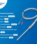 K-Type thermocouple temperature sensor with 100mm stainless steel probe and braided cable, 2m lead, plug-in.