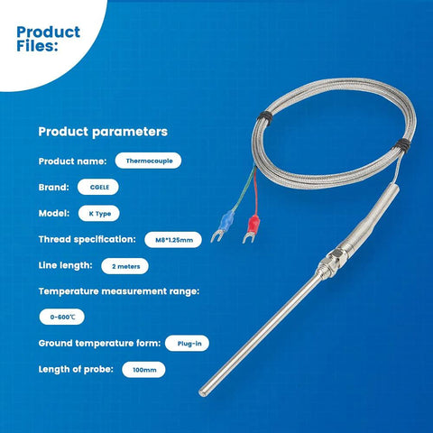 K-Type thermocouple temperature sensor with 100mm stainless steel probe and braided cable, 2m lead, plug-in.