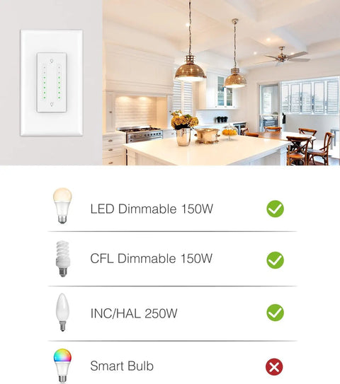 Two Gang Dimmer Switch With Dual Control, 2.4Ghz WiFi Smart Light Switch Installed in Modern Kitchen, Voice Control Options Visible