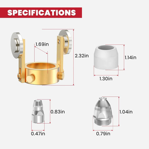 P-80 Plasma Cutter Torch Consumables Kit with 24Pcs 1.5mm Cutting Tips and Electrodes showing detailed measurements.