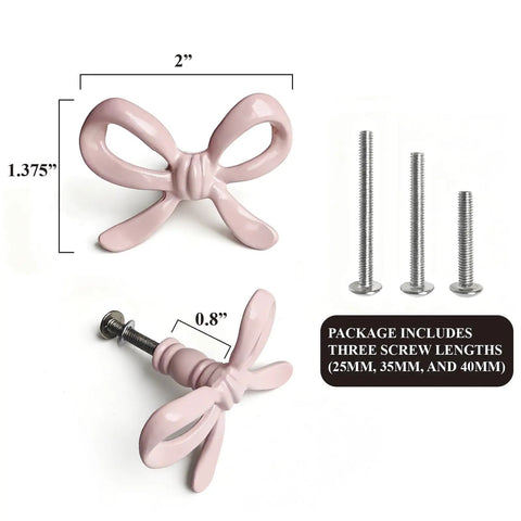 Pink Bow Drawer Pulls And Cabinet Knobs Set, 6 Pack, Solid Metal Handles For Dresser, Vanity, And Kid Friendly Furniture, Adorable Nursery Chic Accent, Easy Swap, Durable And Modern. Pink bow knob, 2-inch wide, with 3 screw lengths.